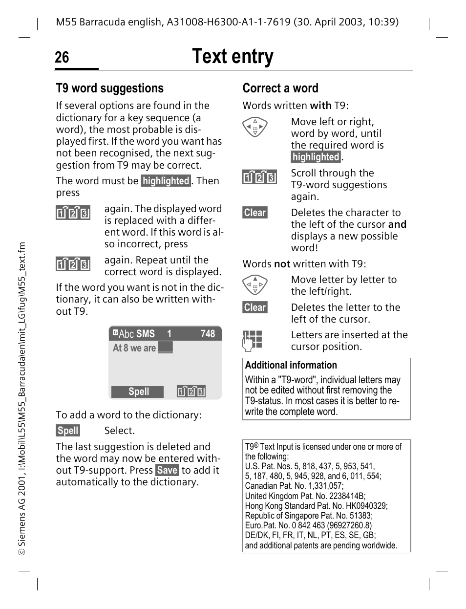 Text entry, T9 word suggestions, Correct a word | Siemens M55 User Manual | Page 27 / 140