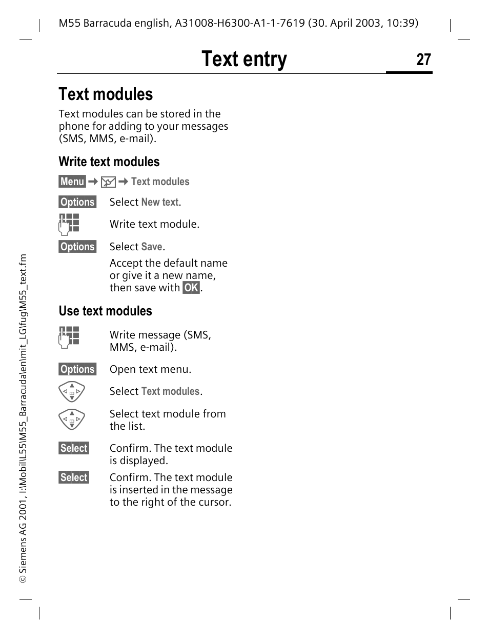 Write text modules, Use text modules, Text entry | Text modules | Siemens M55 User Manual | Page 28 / 140