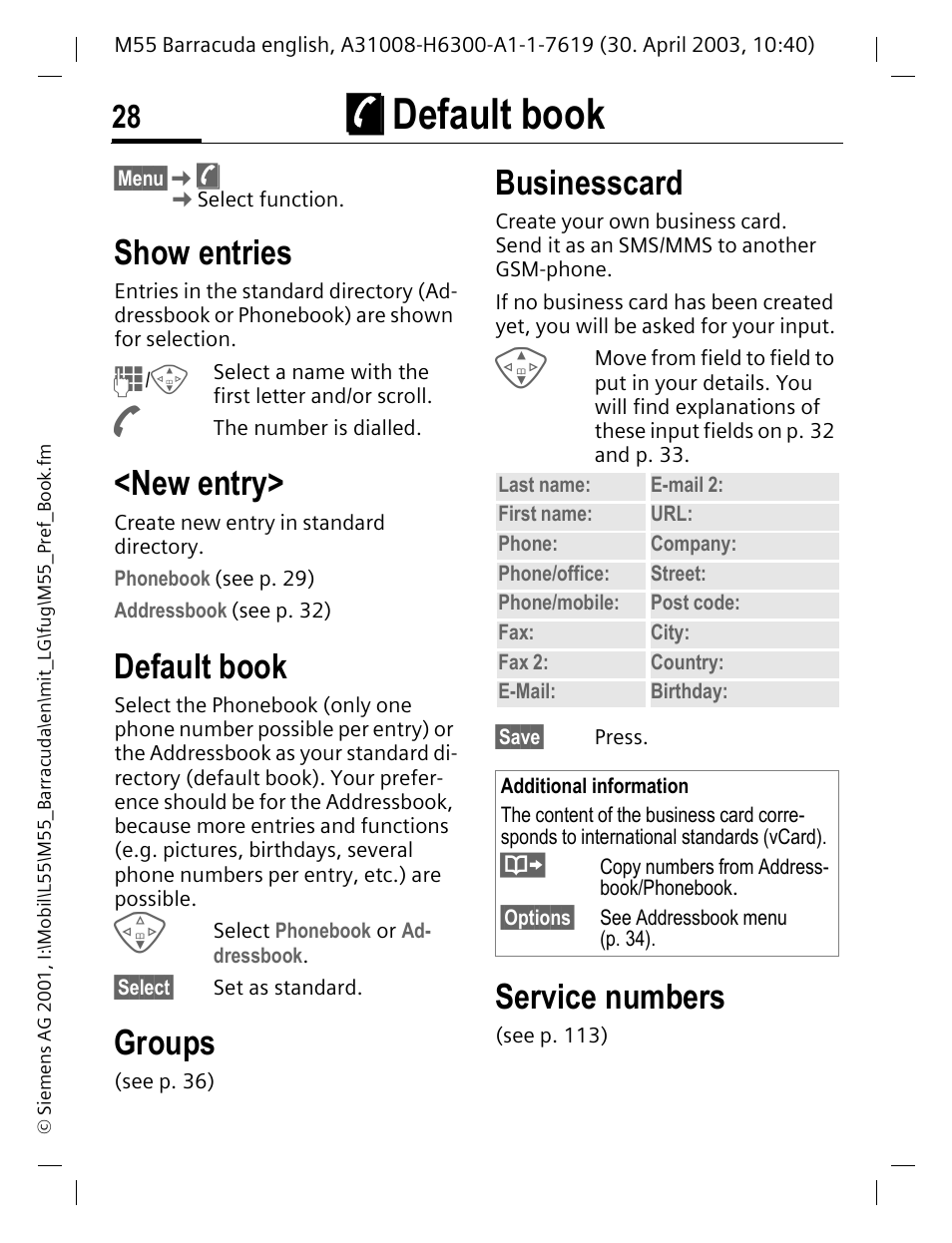 Ë default book, Me (p. 28), È default book | Show entries, New entry, Default book, Groups, Businesscard, Service numbers, Kè k | Siemens M55 User Manual | Page 29 / 140