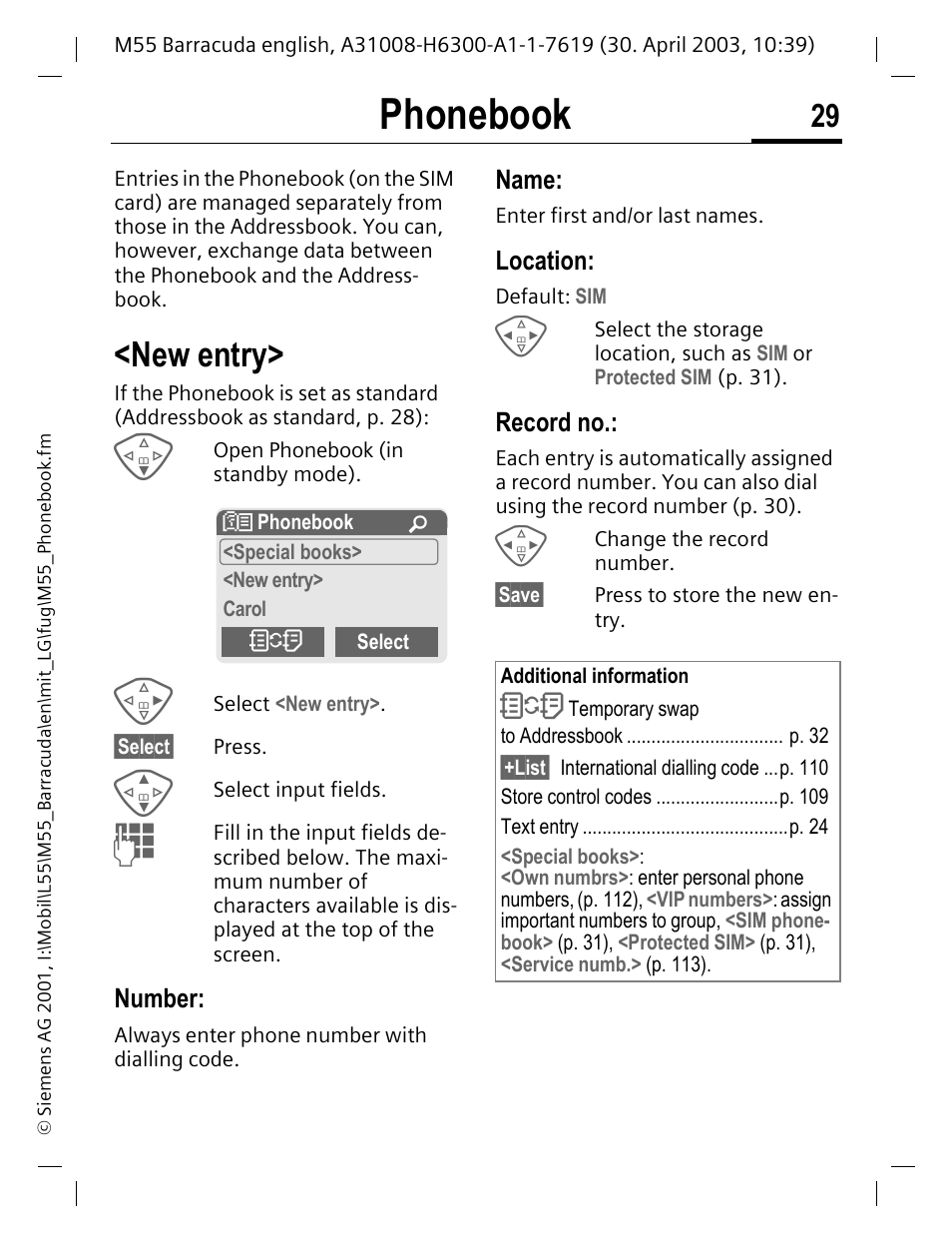 Phonebook, New entry, Number | Location, Record no, P. 29, See p. 29) | Siemens M55 User Manual | Page 30 / 140