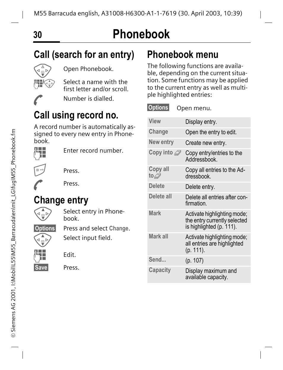 Change entry, Call (search for an entry) change entry, P. 30) | P. 30) or, Mber (p. 30), Phonebook, Call (search for an entry), Call using record no, Phonebook menu | Siemens M55 User Manual | Page 31 / 140