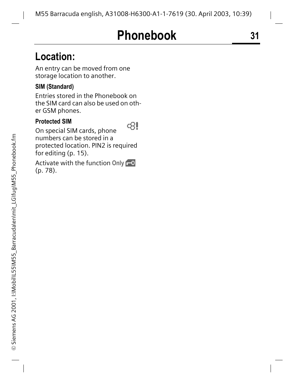 P. 31), Phonebook, Location | Siemens M55 User Manual | Page 32 / 140