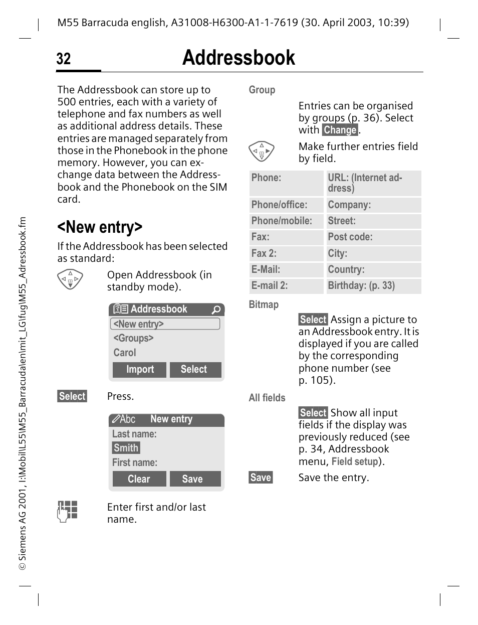 Addressbook, New entry, P. 32 | Book, See p. 32), Ds on p. 32 | Siemens M55 User Manual | Page 33 / 140