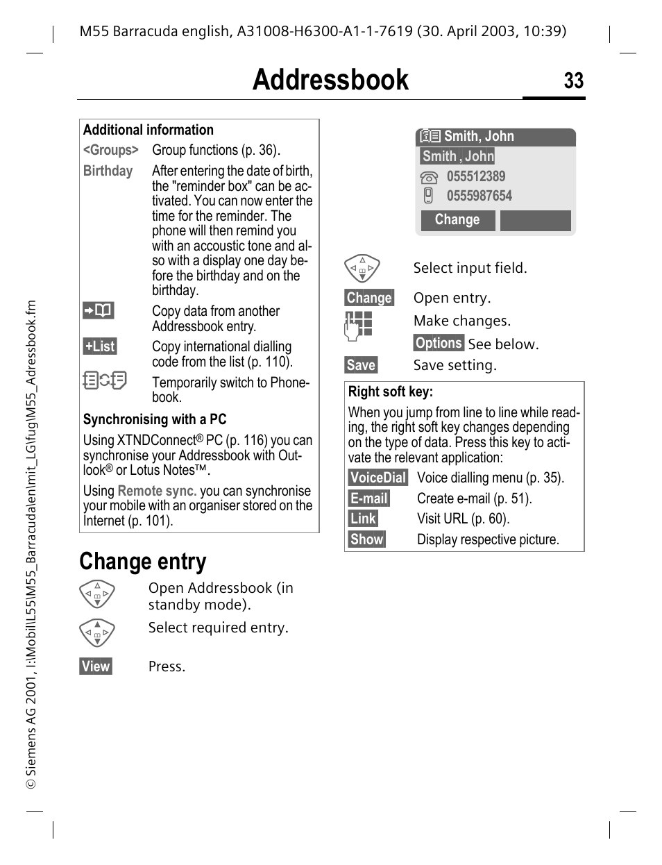 Change entry, P. 33) or ph, And p. 33 | Y: (p. 33), Addressbook | Siemens M55 User Manual | Page 34 / 140