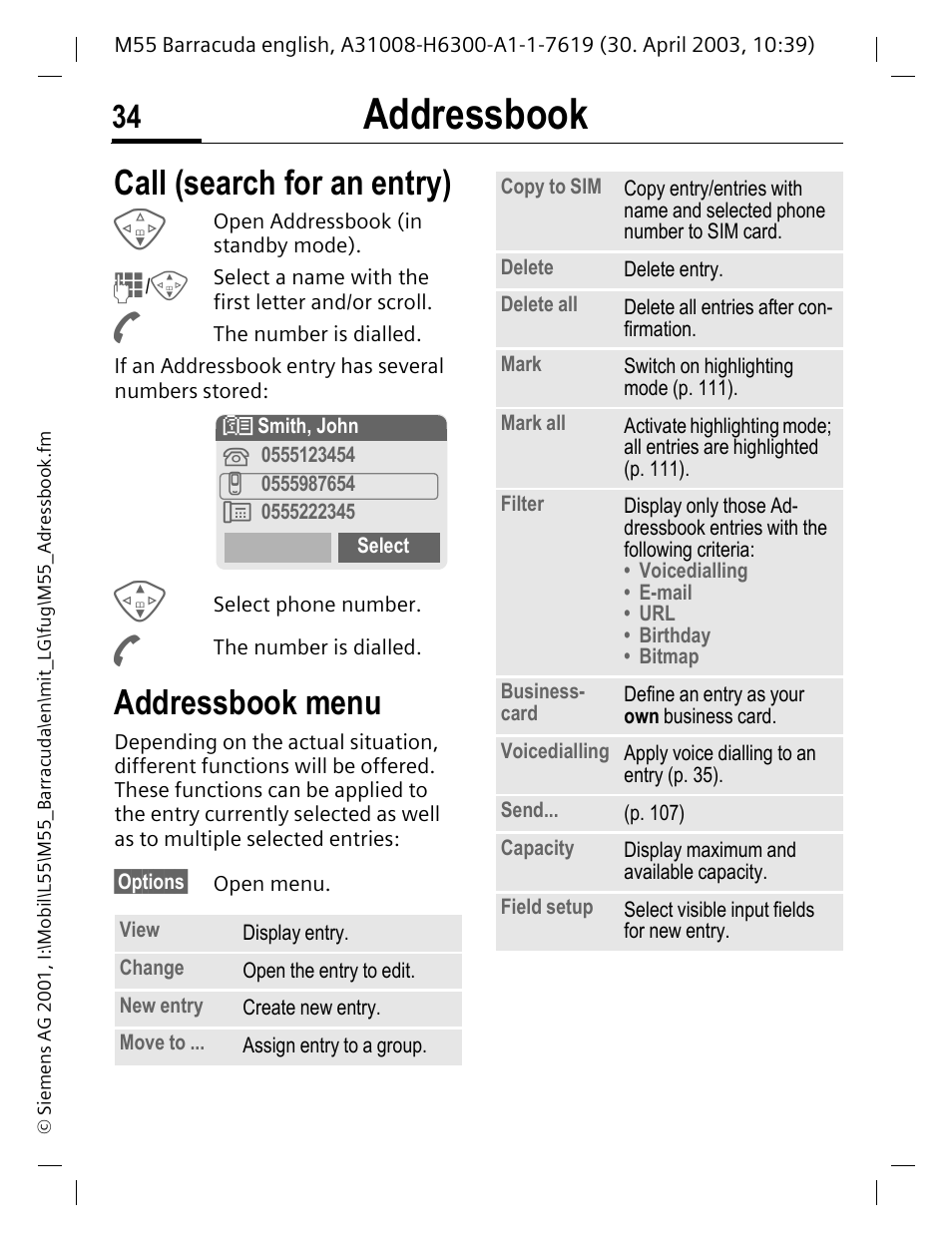 Addressbook menu, Call (search for an entry) addressbook menu, P. 34) | P. 34, Addressbook, Call (search for an entry) | Siemens M55 User Manual | Page 35 / 140