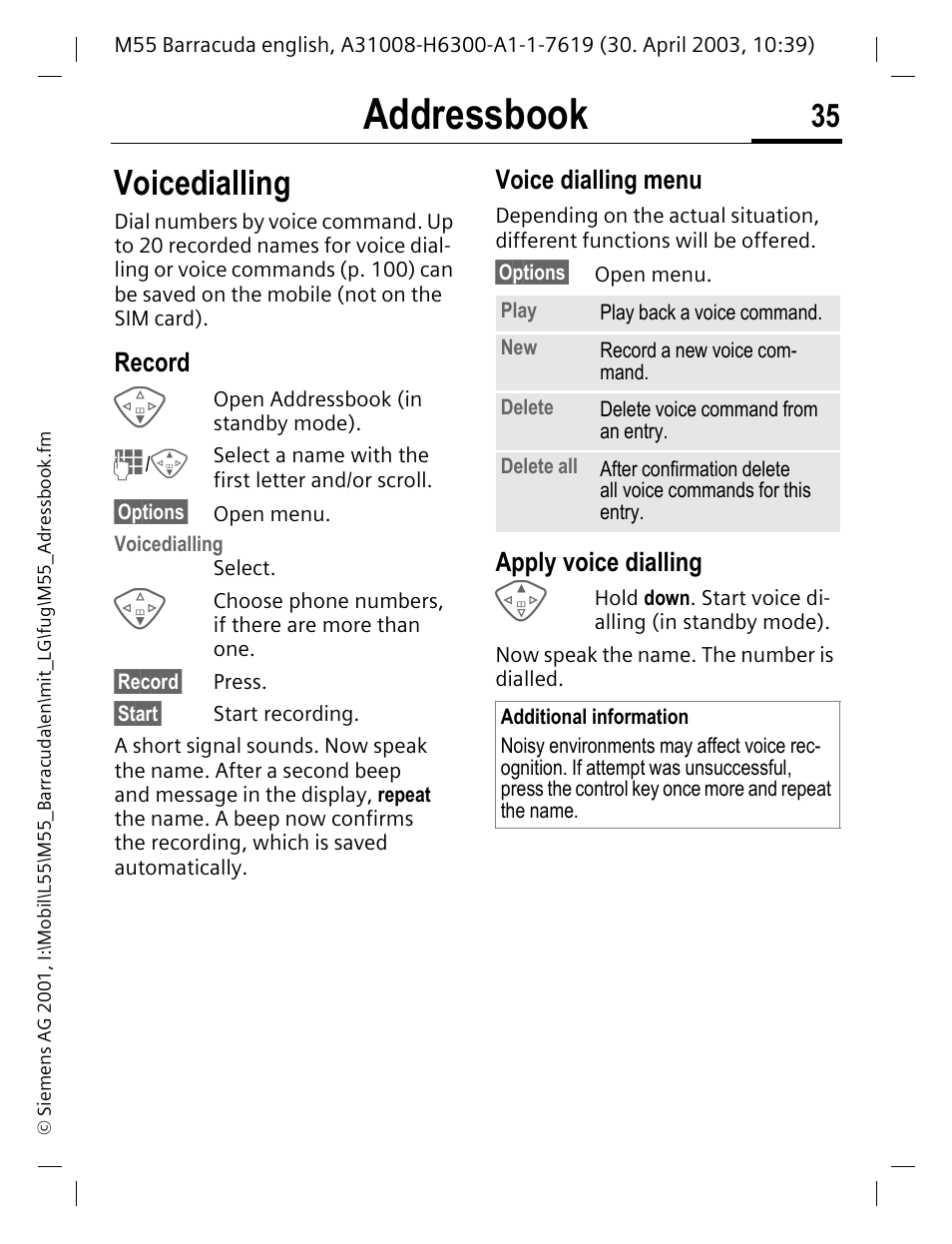 Record, Apply voice dialling, Voicedialling | P. 35, P. 35), Ry (p. 35), Addressbook, Voice dialling menu | Siemens M55 User Manual | Page 36 / 140