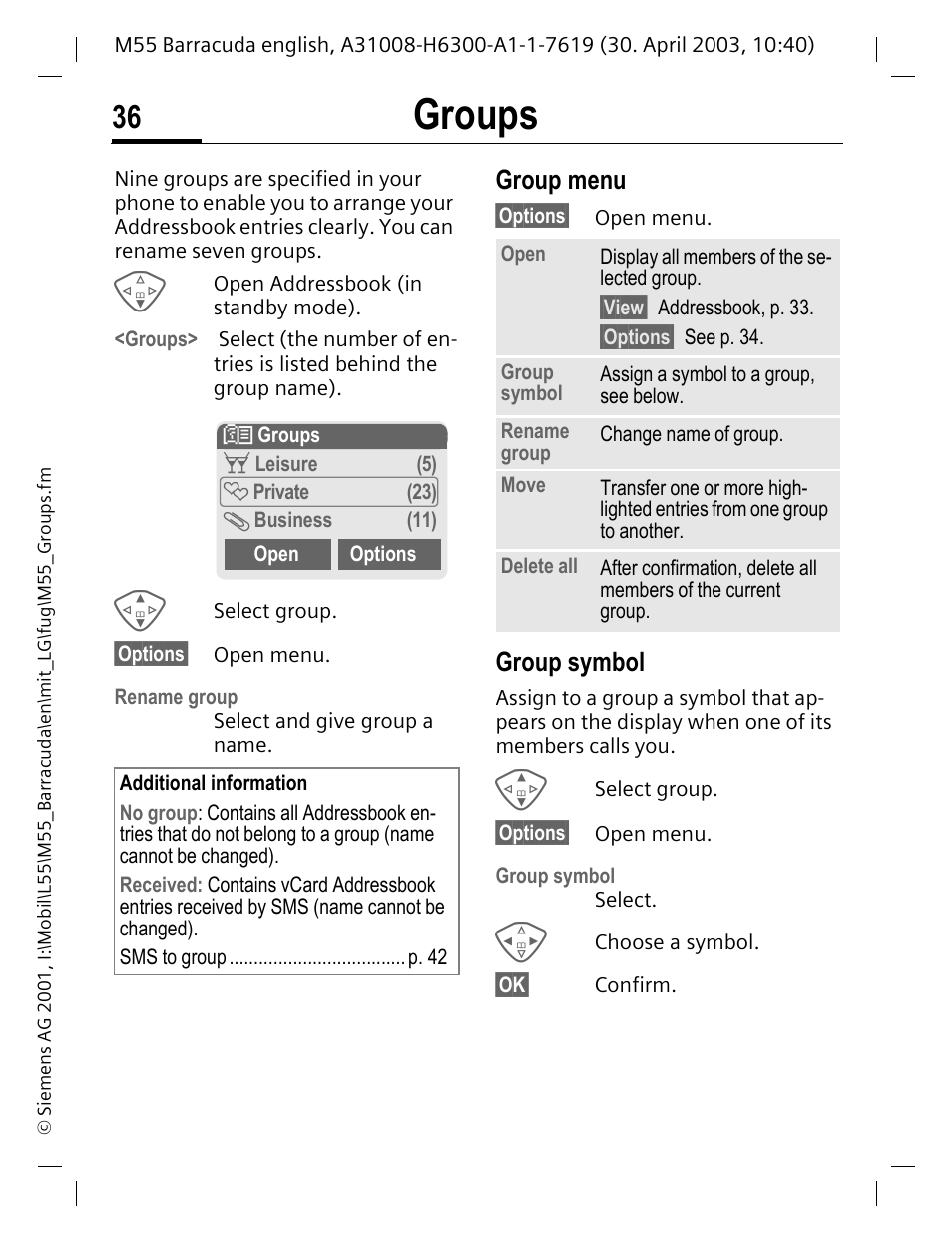 Groups, Group menu, Group symbol | See p. 36), P. 36) | Siemens M55 User Manual | Page 37 / 140