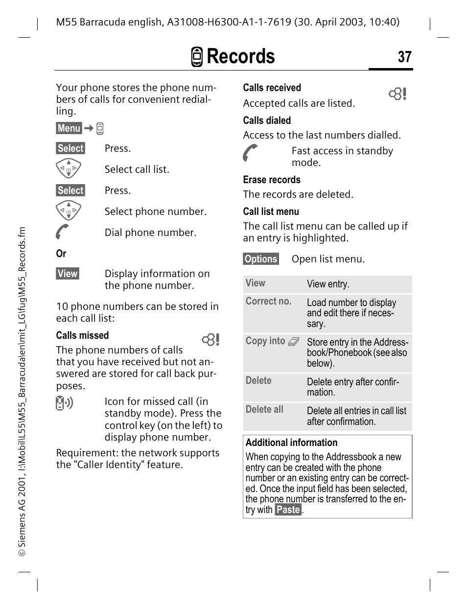 Z records, P. 37 | Siemens M55 User Manual | Page 38 / 140