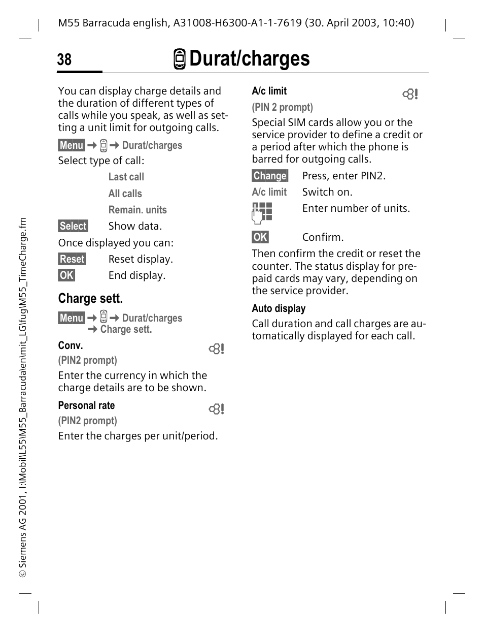 Z durat/ charges, Charge sett, P. 38) | Z durat/charges | Siemens M55 User Manual | Page 39 / 140
