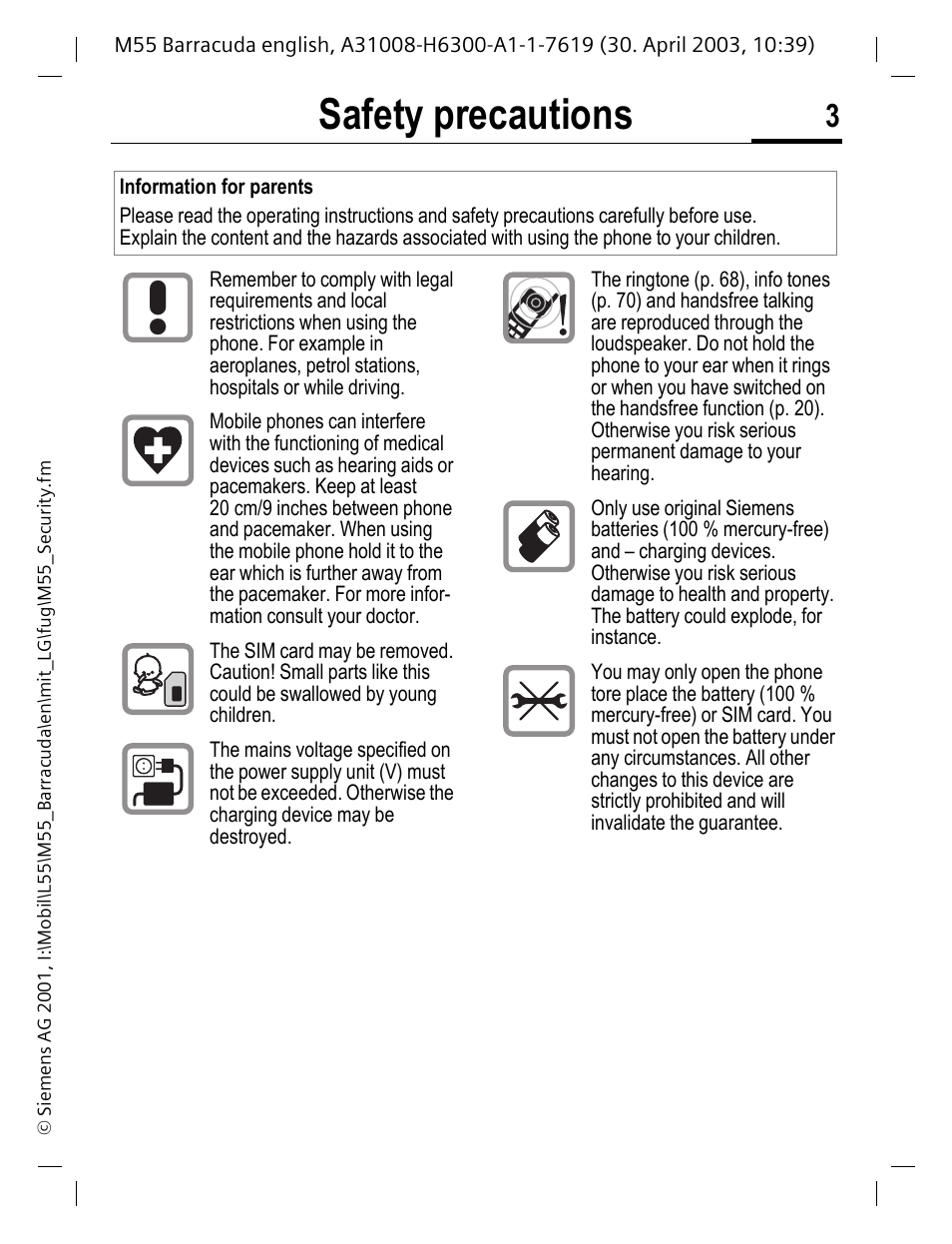 Safety precautions | Siemens M55 User Manual | Page 4 / 140