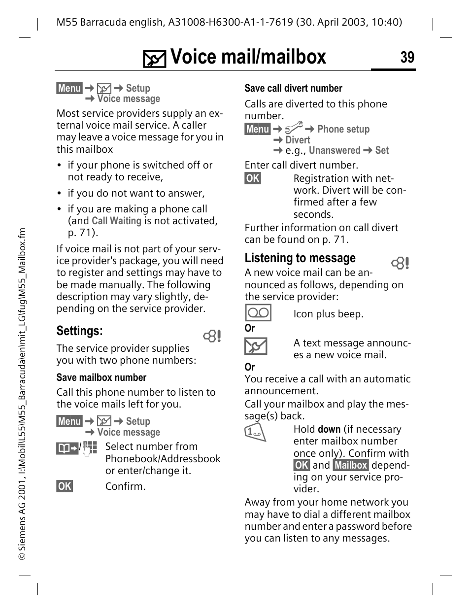 Voice mail/mailbox, Settings, Listening to message | Siemens M55 User Manual | Page 40 / 140