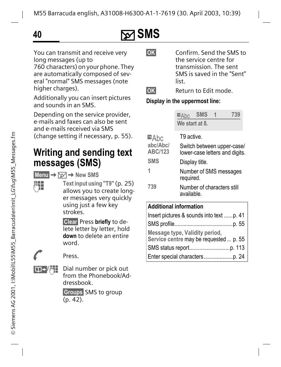 Writing and sending text messages (sms) | Siemens M55 User Manual | Page 41 / 140