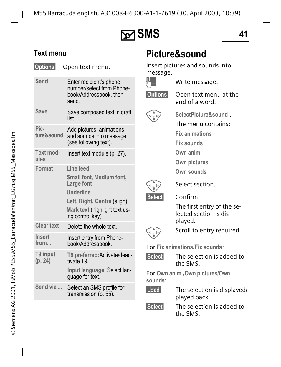 Picture&sound, P. 41, Text menu | Siemens M55 User Manual | Page 42 / 140