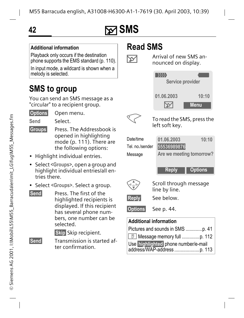 Sms to group, Read sms, P. 42) | Siemens M55 User Manual | Page 43 / 140