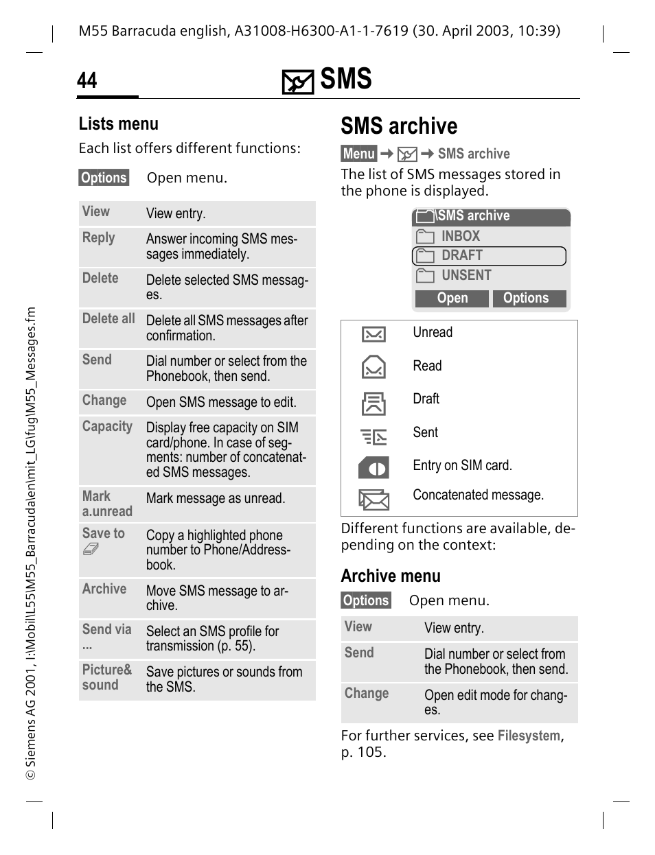 Lists menu, Archive menu, Sms archive | See p. 44 | Siemens M55 User Manual | Page 45 / 140