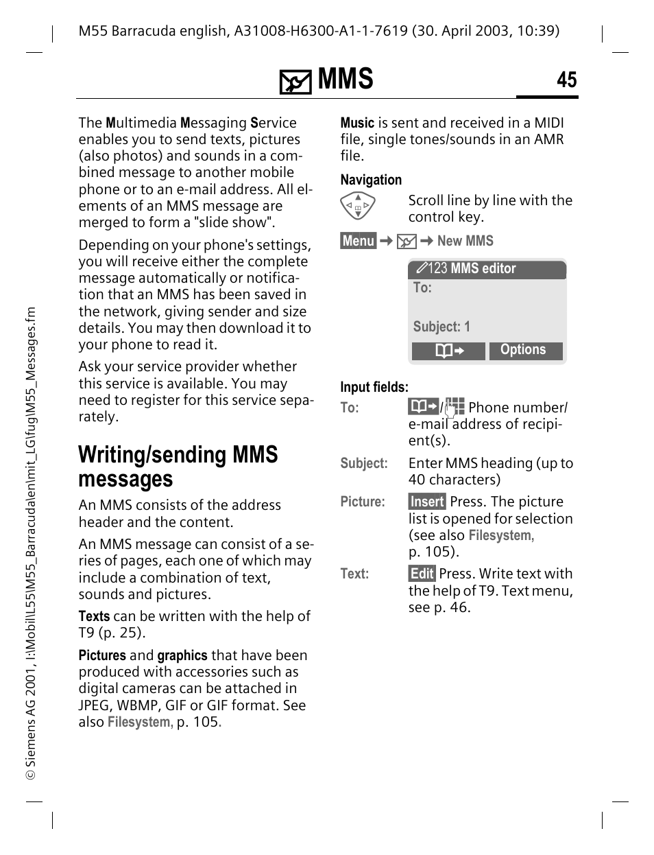 Writing/sending mms messages | Siemens M55 User Manual | Page 46 / 140