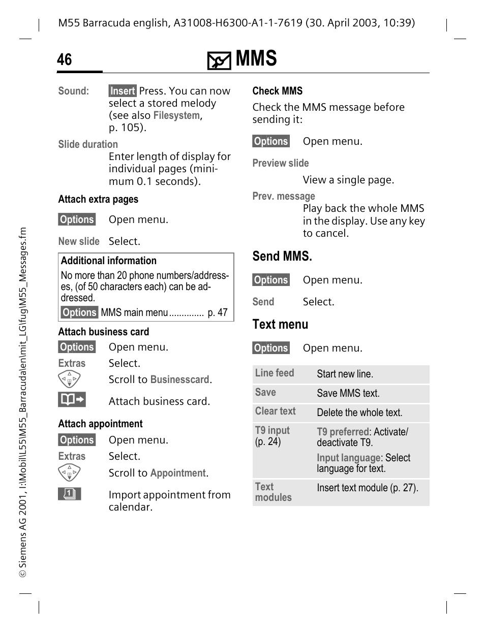 Send mms, Text menu, See p. 46 | Siemens M55 User Manual | Page 47 / 140