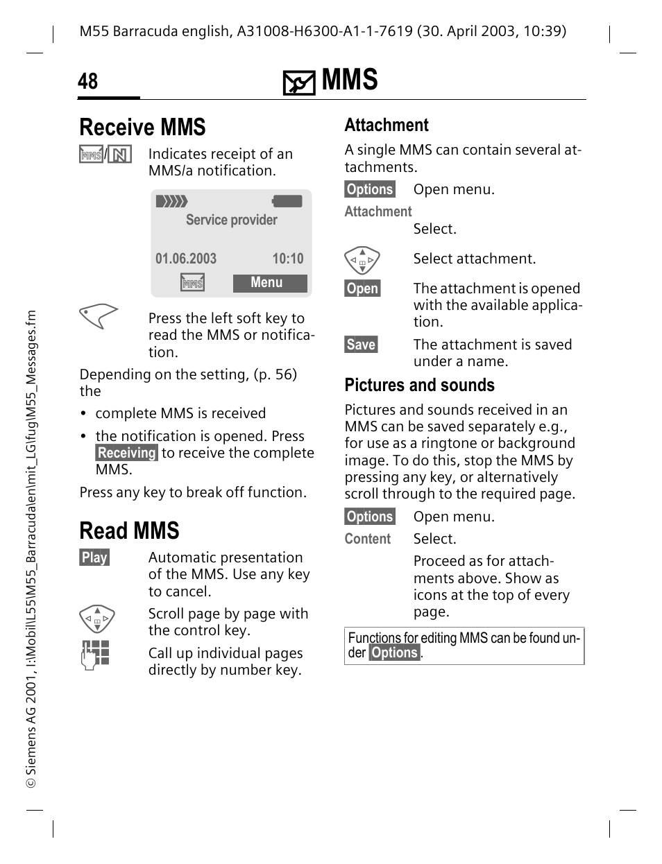 Read mms, Receive mms read mms, Receive mms | Attachment, Pictures and sounds | Siemens M55 User Manual | Page 49 / 140