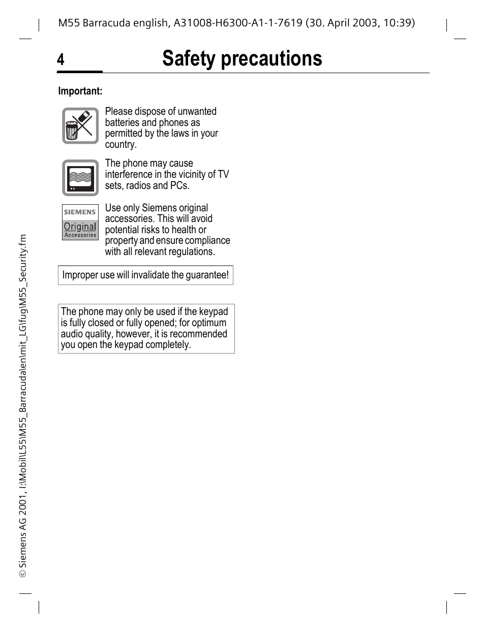 Safety precautions | Siemens M55 User Manual | Page 5 / 140
