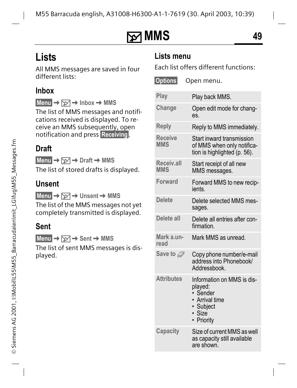 Inbox, Draft, Unsent | Sent, Lists, Lists menu | Siemens M55 User Manual | Page 50 / 140