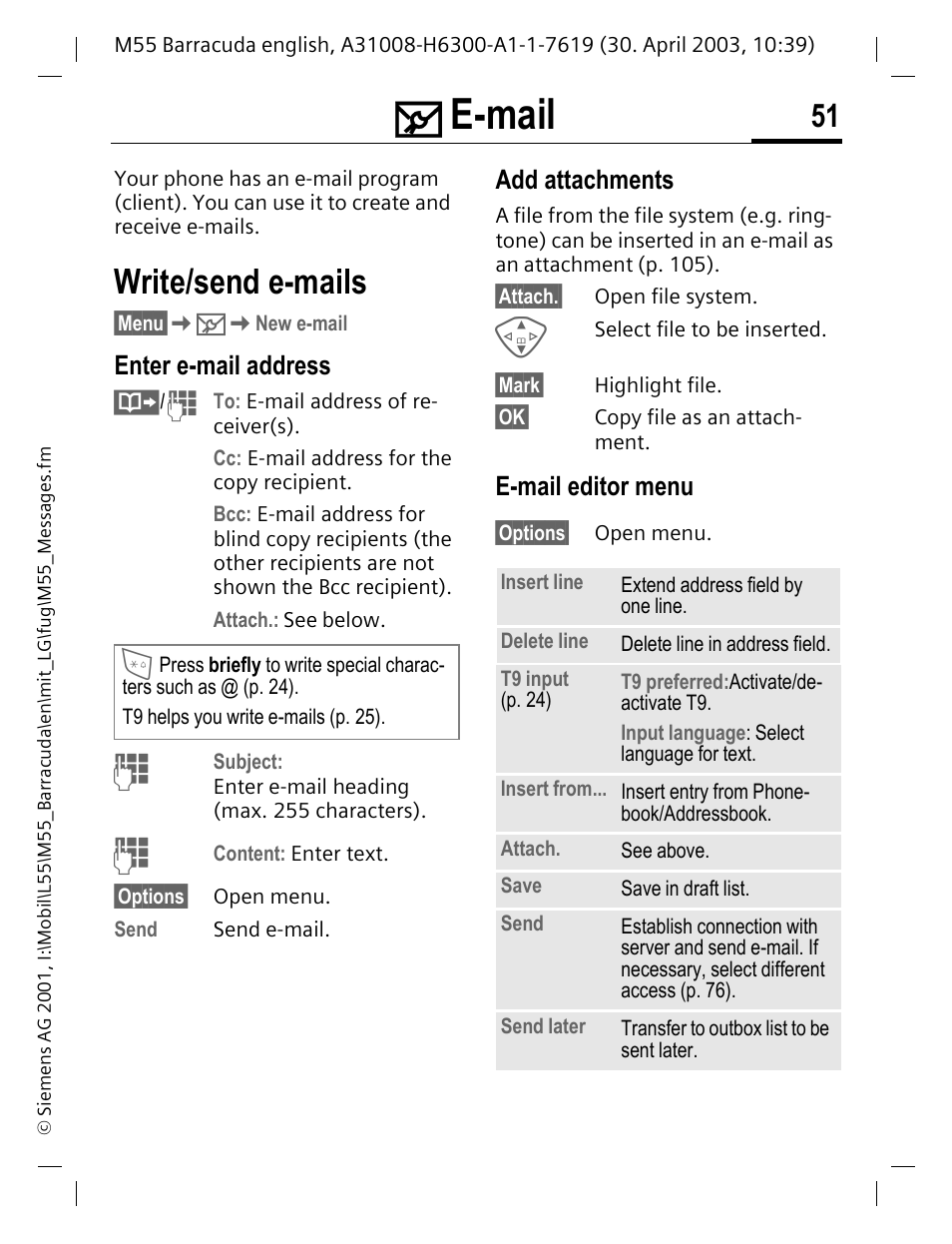 E-mail, Write/send e-mails, Enter e-mail address | Email editor menu, Il (p. 51), Add attachments, E-mail editor menu | Siemens M55 User Manual | Page 52 / 140
