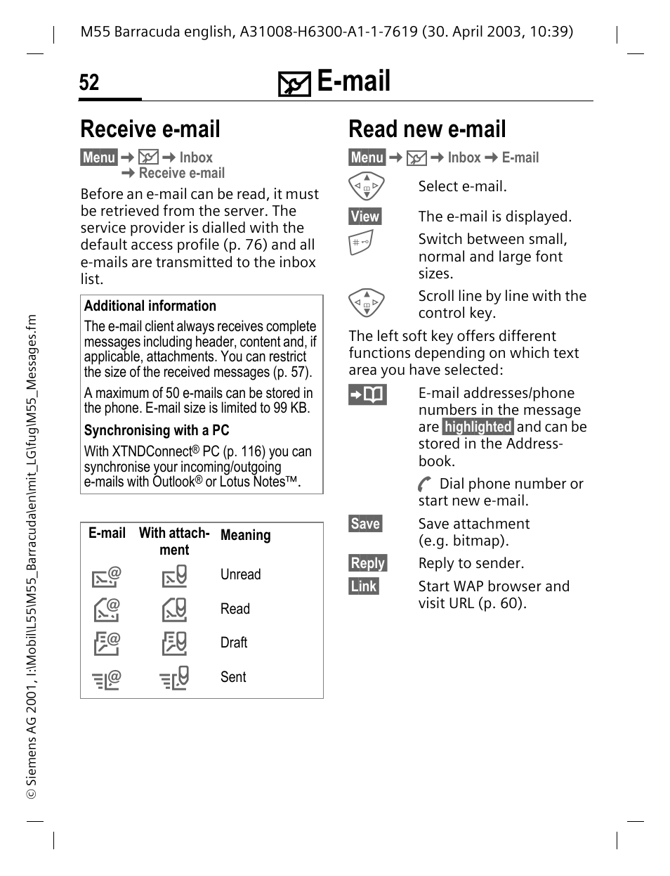 Receive e-mail read new e-mail, E-mail, Receive e-mail | Read new e-mail | Siemens M55 User Manual | Page 53 / 140