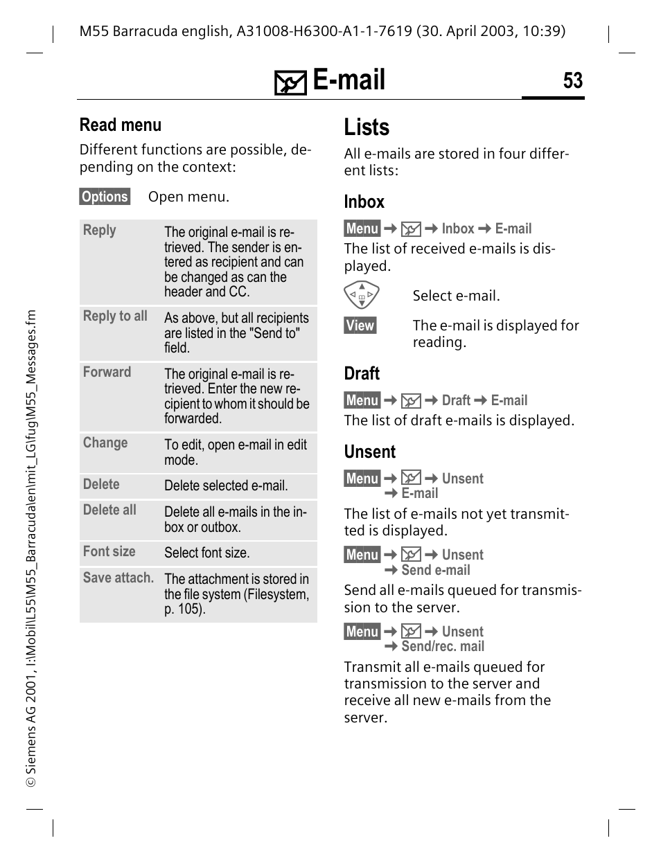 Inbox, Draft, Unsent | E-mail, Lists, Read menu | Siemens M55 User Manual | Page 54 / 140
