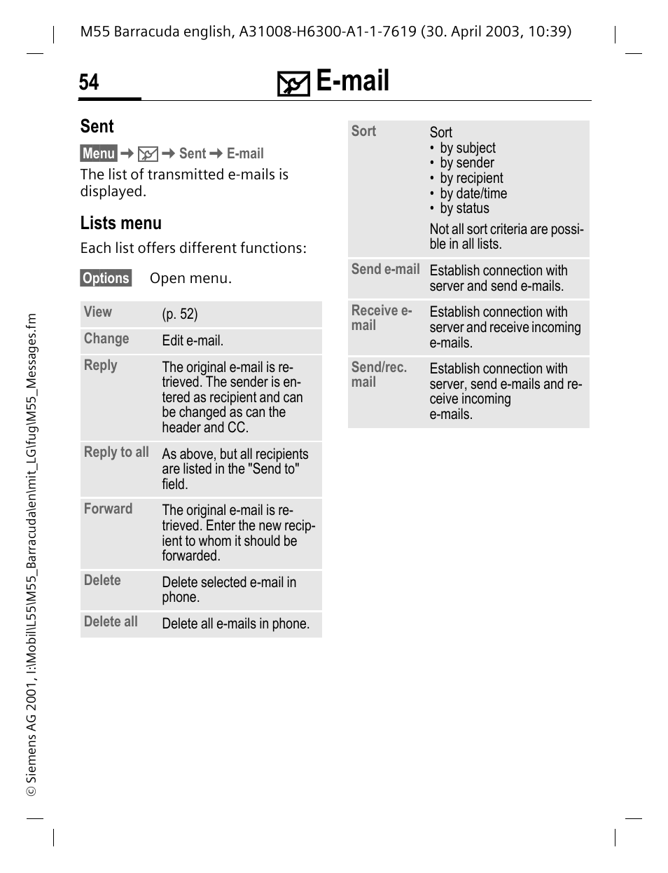 Sent, Lists menu, E-mail | Siemens M55 User Manual | Page 55 / 140