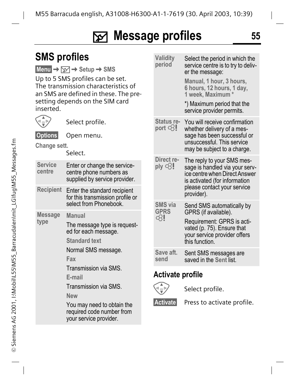 Message profiles, Sms profiles, Activate profile | Ary, p. 55), P. 55 | Siemens M55 User Manual | Page 56 / 140