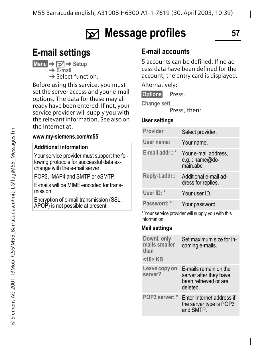 E-mail settings, Ges (p. 57), Message profiles | E-mail accounts | Siemens M55 User Manual | Page 58 / 140