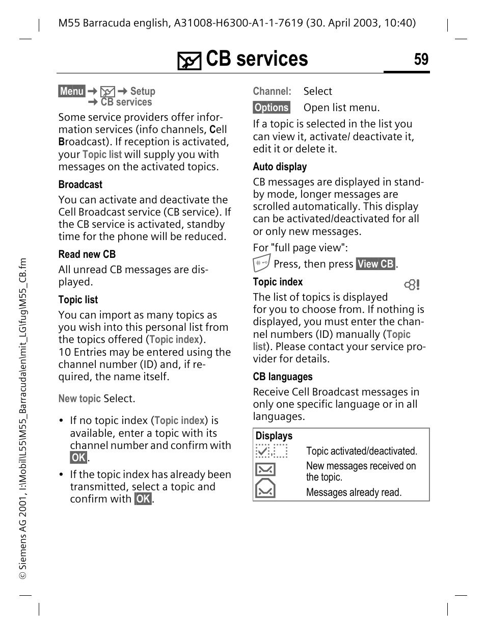 Cb services | Siemens M55 User Manual | Page 60 / 140