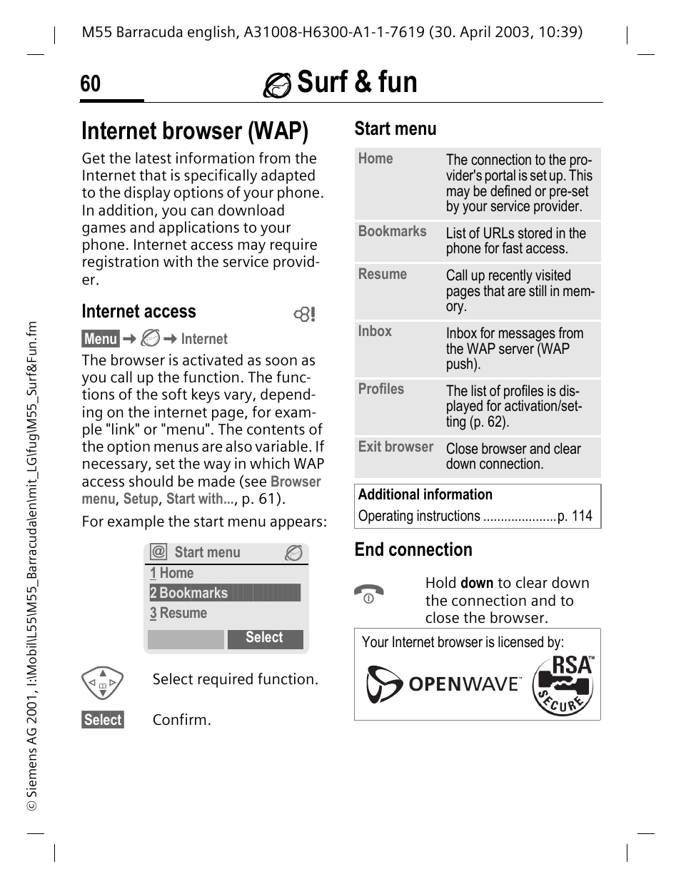 Surf & fun, Internet browser (wap), Internet access | End connection, Surf, P. 60), L (p. 60), É surf & fun, Start menu end connection | Siemens M55 User Manual | Page 61 / 140