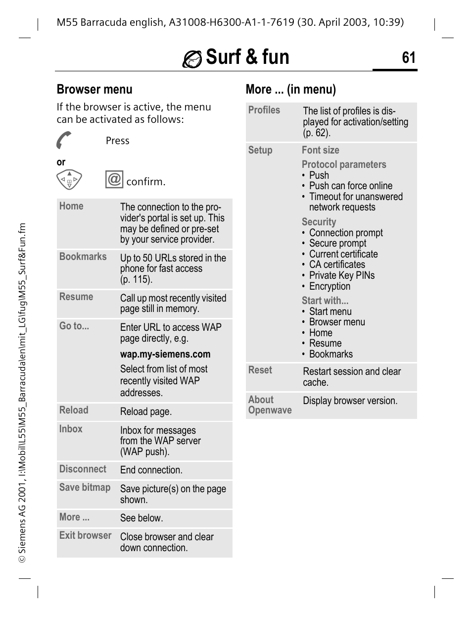 More ...(in menu), É surf & fun, Browser menu | More ... (in menu) | Siemens M55 User Manual | Page 62 / 140