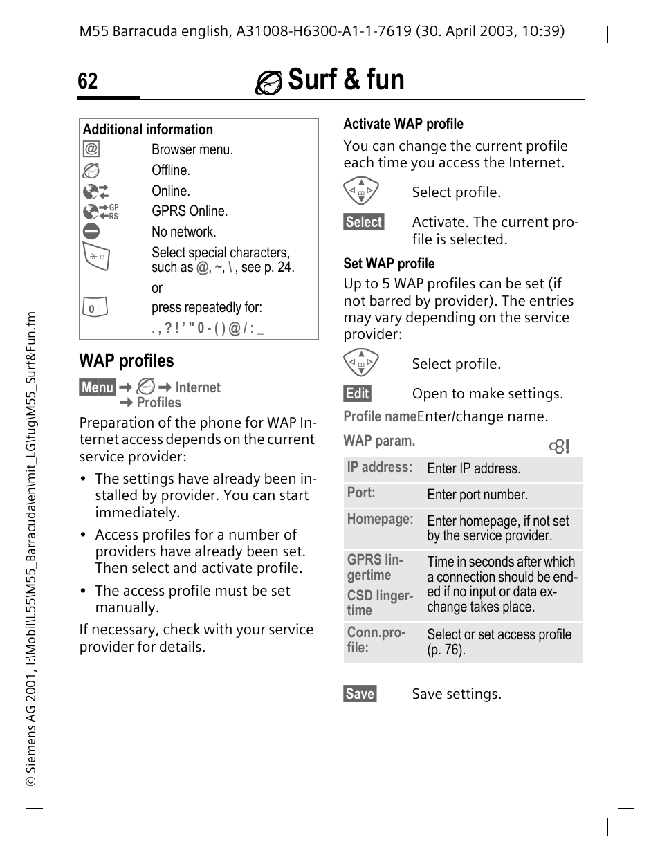 Wap profiles, É surf & fun | Siemens M55 User Manual | Page 63 / 140