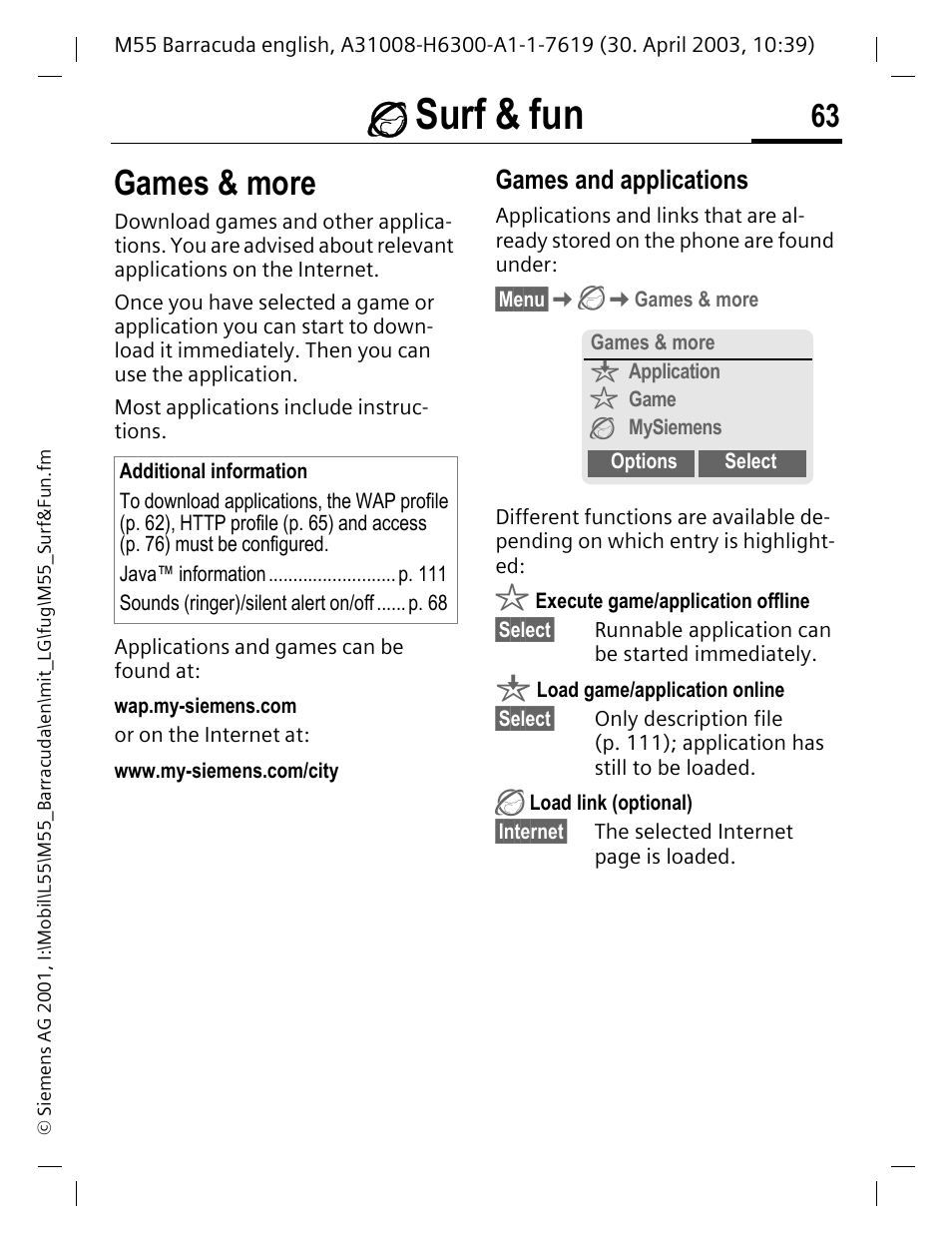 Games & more, Rnet (p. 63), É surf & fun | Games and applications | Siemens M55 User Manual | Page 64 / 140