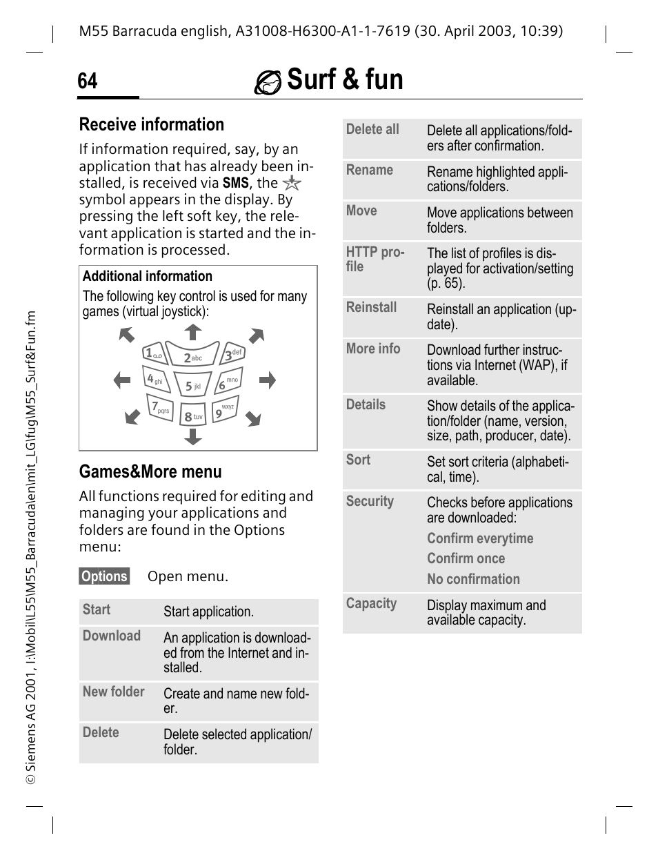 Games&more menu, É surf & fun | Siemens M55 User Manual | Page 65 / 140