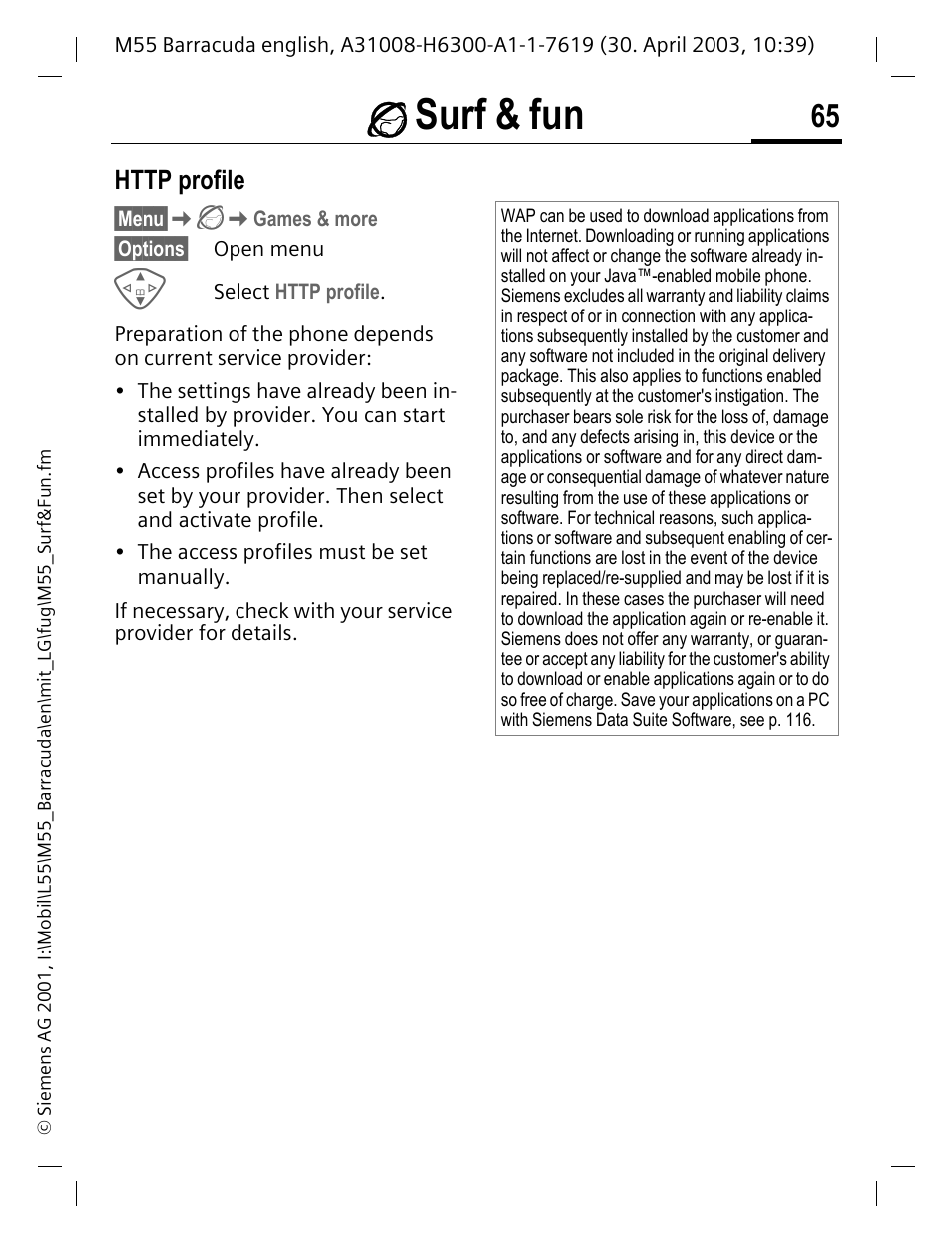 P. 65), É surf & fun | Siemens M55 User Manual | Page 66 / 140