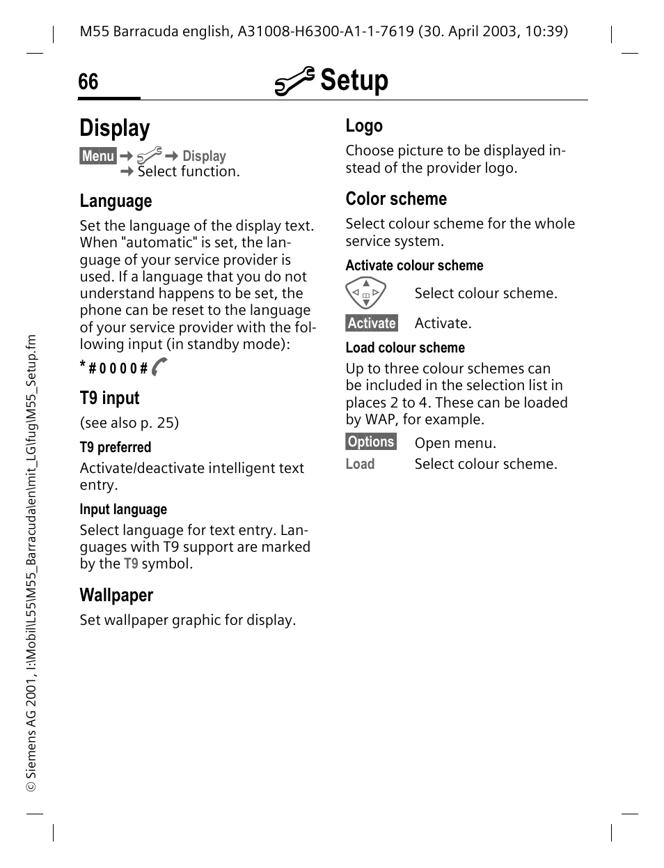 M setup, Display, Language | T9 input, Wallpaper, Color scheme, Nd image (p. 66), Tire service system (p. 66), Logo | Siemens M55 User Manual | Page 67 / 140