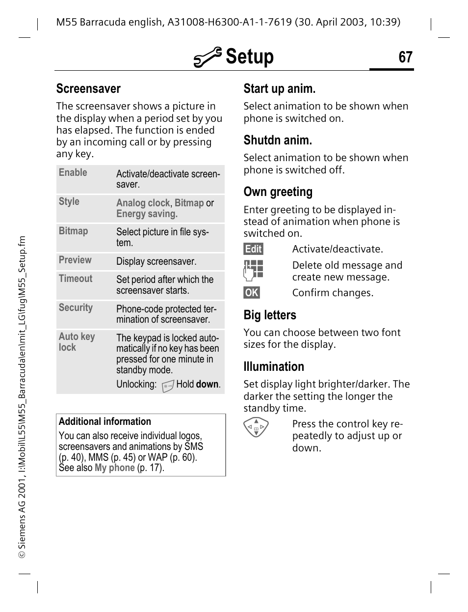 Start up anim, Shutdn anim, Own greeting | Big letters, Illumination, P. 67, P. 67) as wel, Greeting (p. 67), E (p. 67), P. 67) | Siemens M55 User Manual | Page 68 / 140