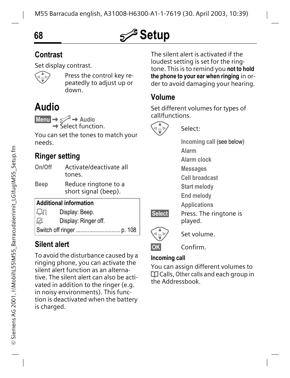 Audio, Ringer setting, Silent alert | Volume, One (p. 68), P. 68, M setup, Contrast | Siemens M55 User Manual | Page 69 / 140