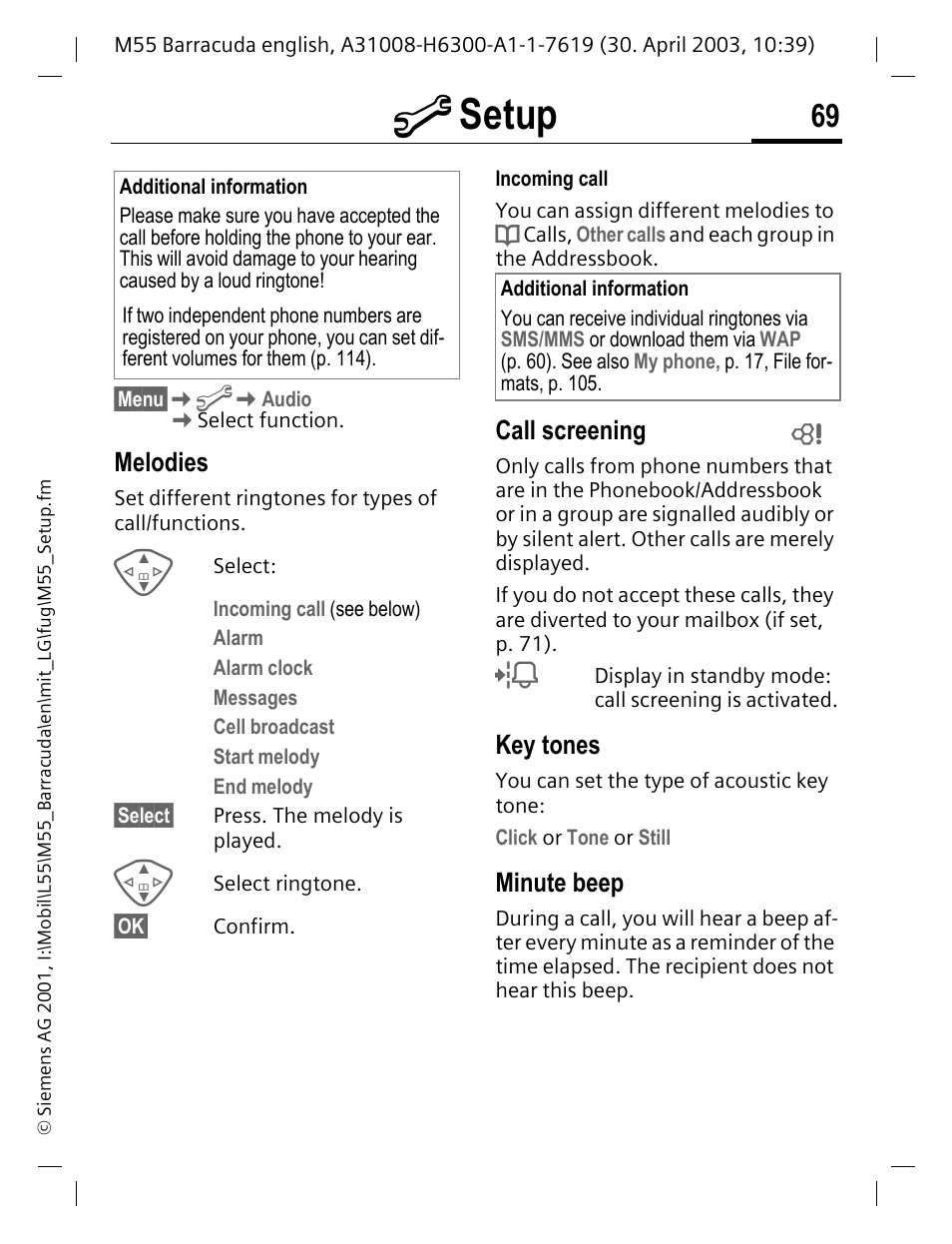 Melodies, Call screening, Key tones | Minute beep, L dates (p. 69), M setup | Siemens M55 User Manual | Page 70 / 140