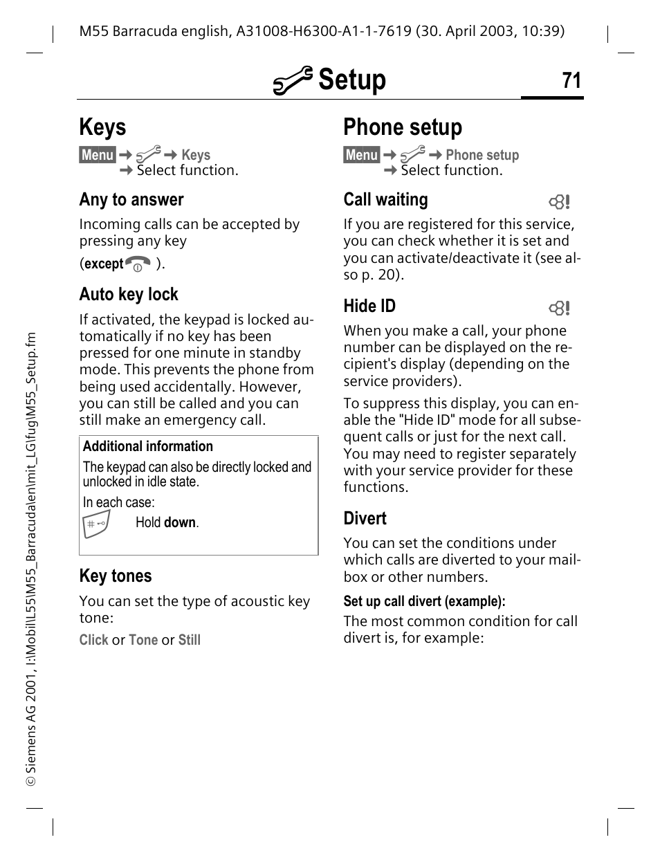 Any to answer, Auto key lock, Key tones | Call waiting, Hide id, Divert, Keys phone setup, P. 71, Ly (p. 71), M setup | Siemens M55 User Manual | Page 72 / 140