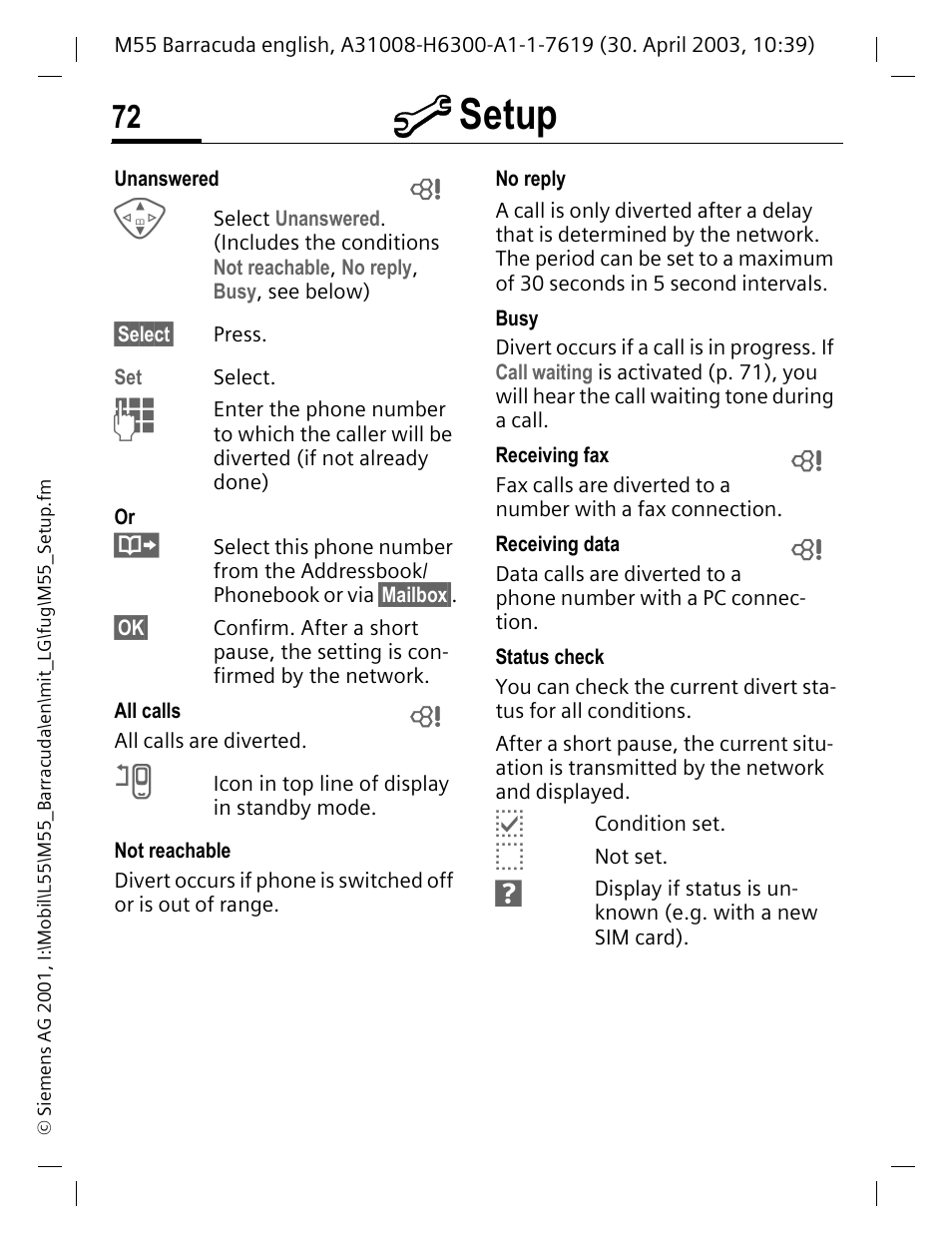 M setup | Siemens M55 User Manual | Page 73 / 140