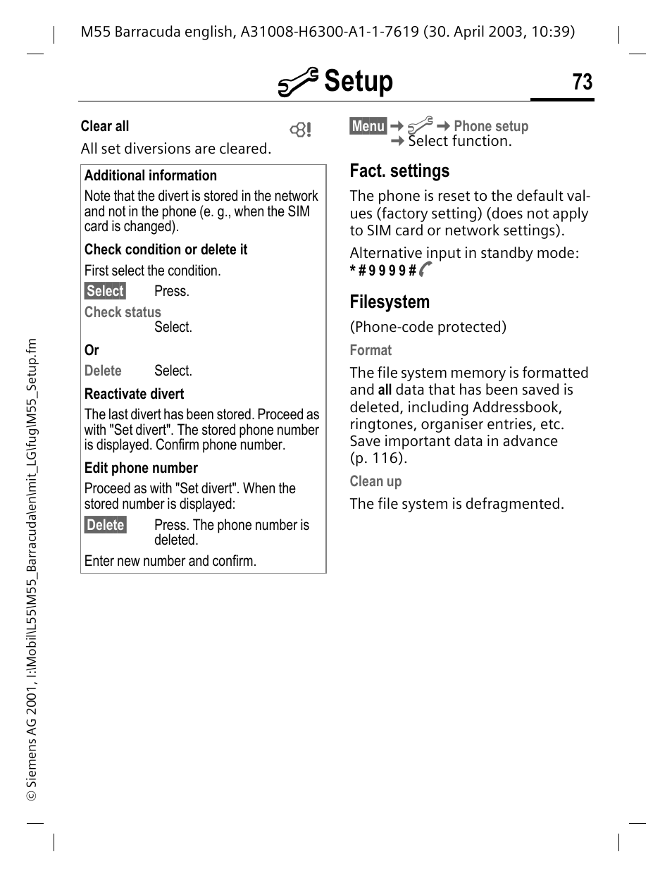 Fact. settings, Filesystem, M setup | Afilesystem | Siemens M55 User Manual | Page 74 / 140
