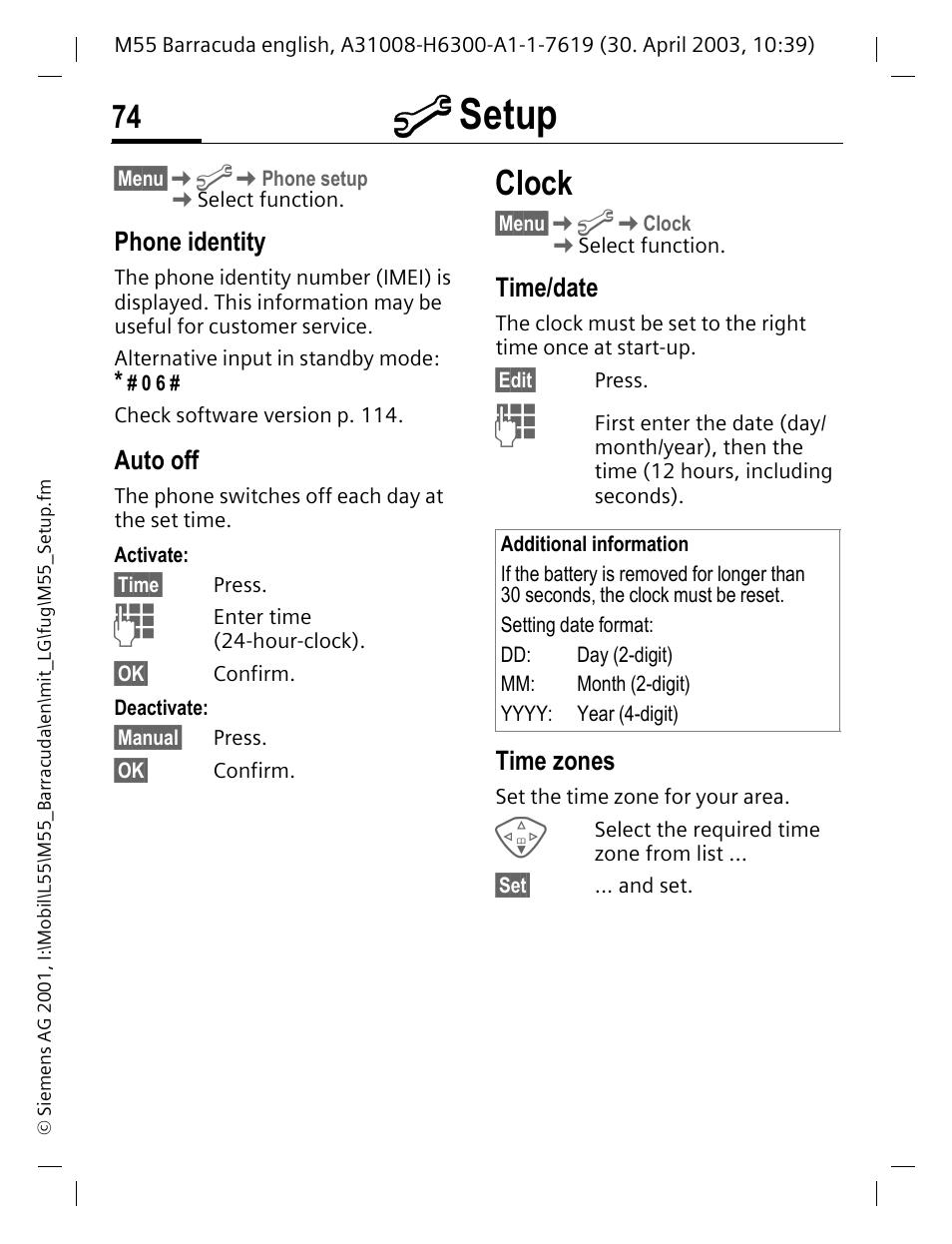 Phone identity, Auto off, Time/date | Time zones, Clock, P. 74, M setup | Siemens M55 User Manual | Page 75 / 140