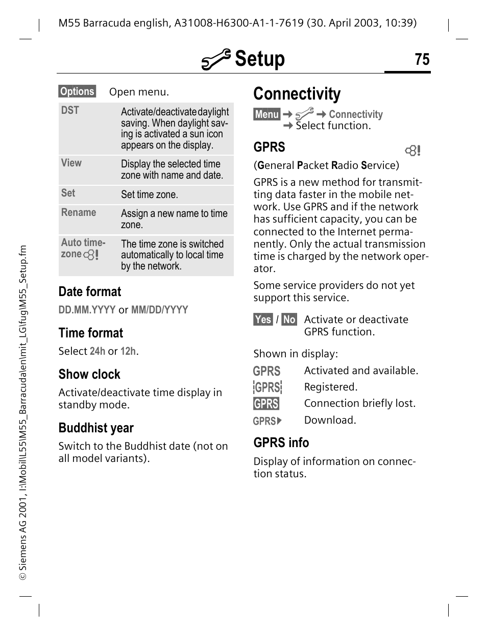 Date format, Time format, Show clock | Buddhist year, Gprs, Gprs info, Connectivity, M setup | Siemens M55 User Manual | Page 76 / 140