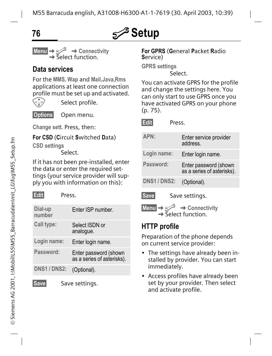 Data services, Http profile, P. 76) | E (p. 76) and all, P. 76) mus, M setup, Km k | Siemens M55 User Manual | Page 77 / 140