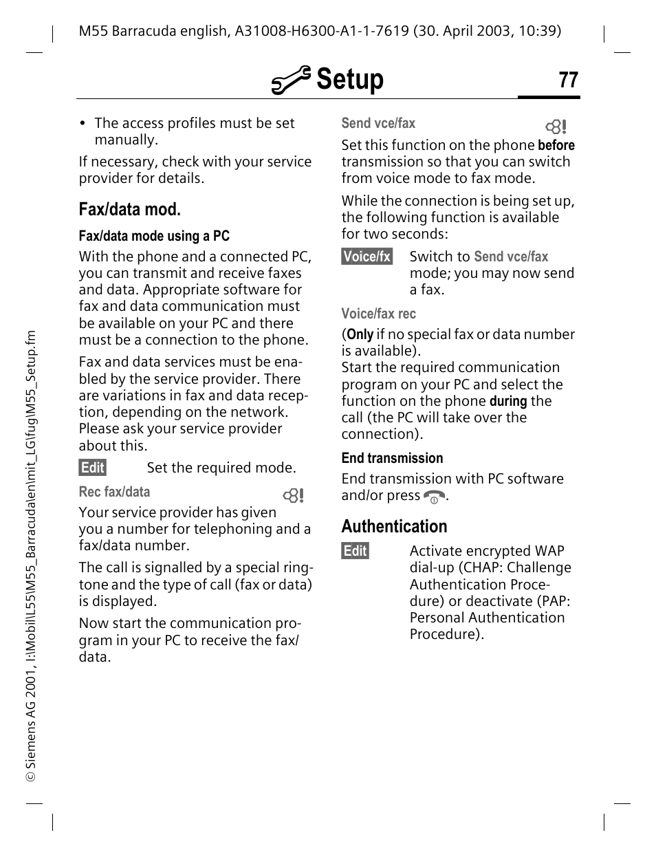 Fax/data mod, Authentication, M setup | Siemens M55 User Manual | Page 78 / 140