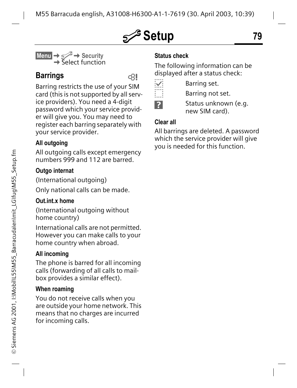 Barrings, M setup | Siemens M55 User Manual | Page 80 / 140