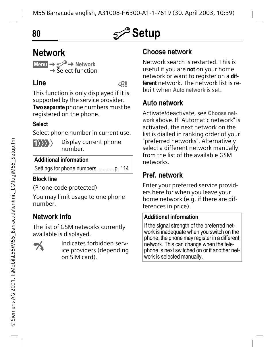 Line, Network info, Auto network | Pref. network, Network, P. 80, M setup, Choose network | Siemens M55 User Manual | Page 81 / 140